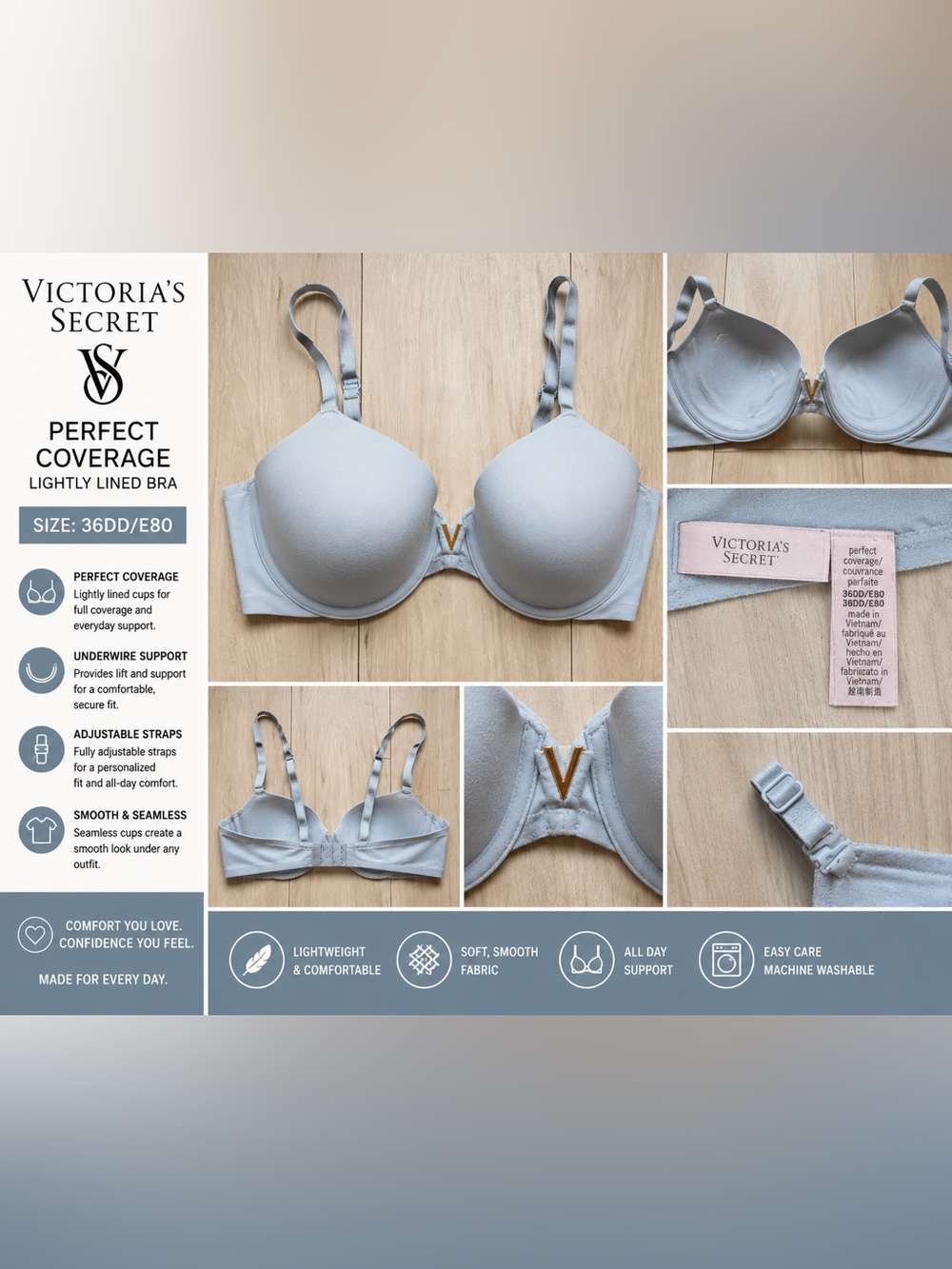 Victoria’s Secret Perfect Coverage Bra 36DD Gray Lightly Lined Underwire bra